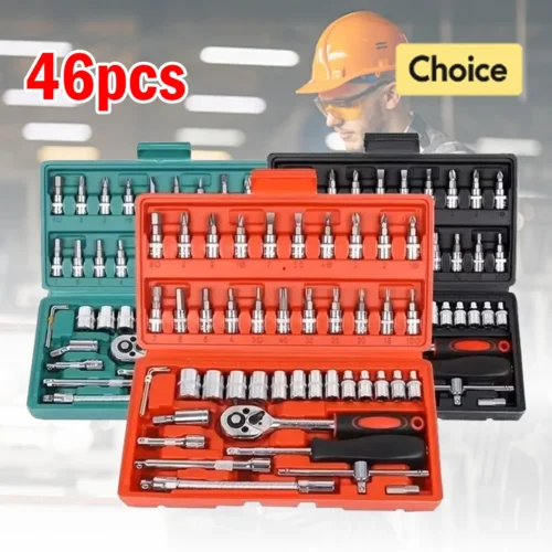 Destornillador verde de caja, detornillador para coche y transportable de herramientas de mano, caja de 46 unidades para reparación general, destornillador, pinzas, martillo. Fácil para usar.