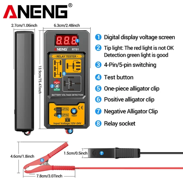 Probador de relé de coche, probador de voltaje ANENG RT01 Universal 11-25V, control de batería de coche automotriz, luz indicadora LED, diagnóstico de relé