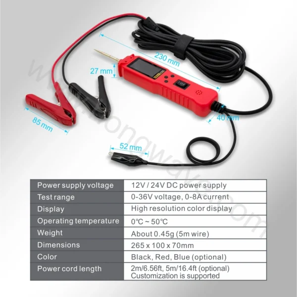 Probador de circuito automotriz 12 24V P100 P200, sonda de circuito de potencia, probador eléctrico, prueba de lámpara de voltaje de continuidad con Cable de luz de 2M